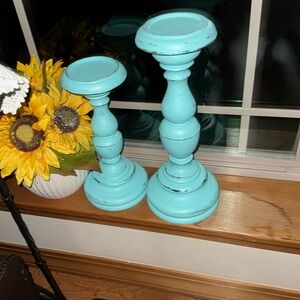 Two Robin’s nest blue candlestick holders